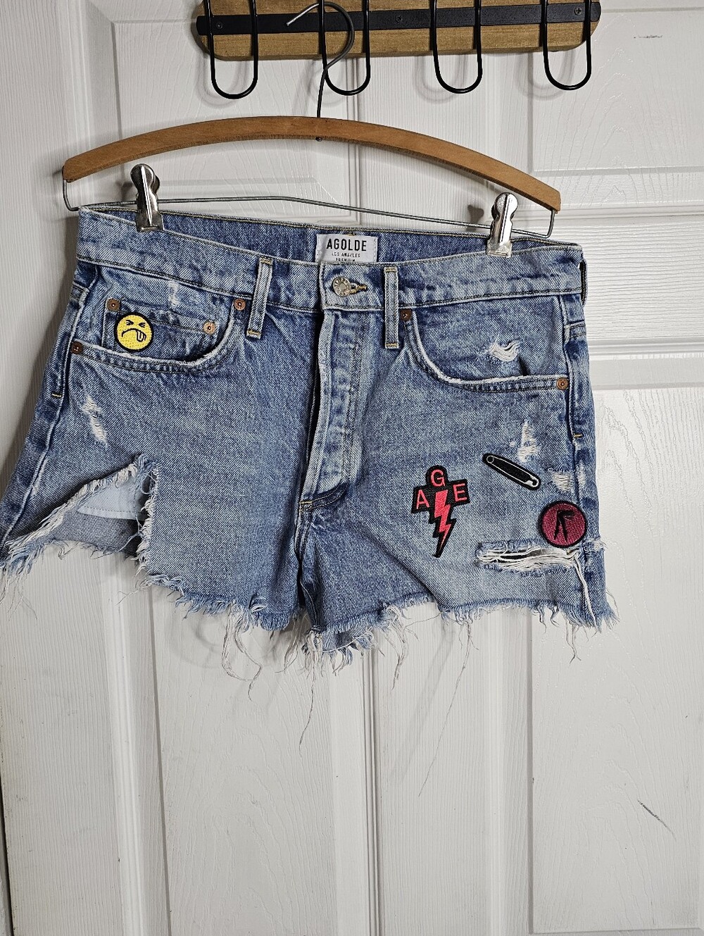 AGOLDE Parker Vintage Cut-Off Denim Shorts with Custom Patches Size 27